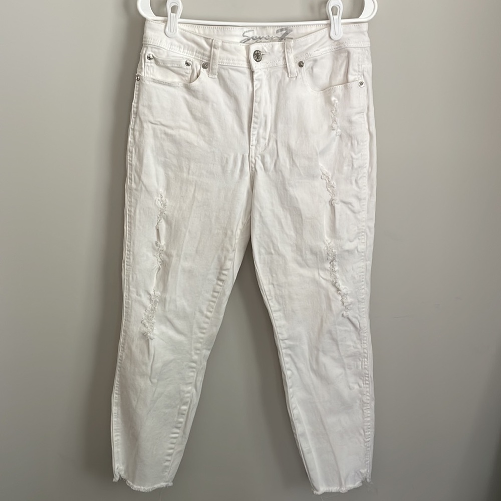 Seven7 White High Rise Ankle Skinny- factory Distressed- 12